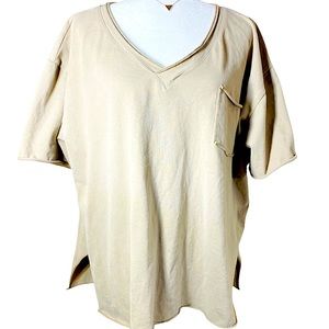 Easel Women’s Oversized Raw Hem V-Neck Khaki Shirt